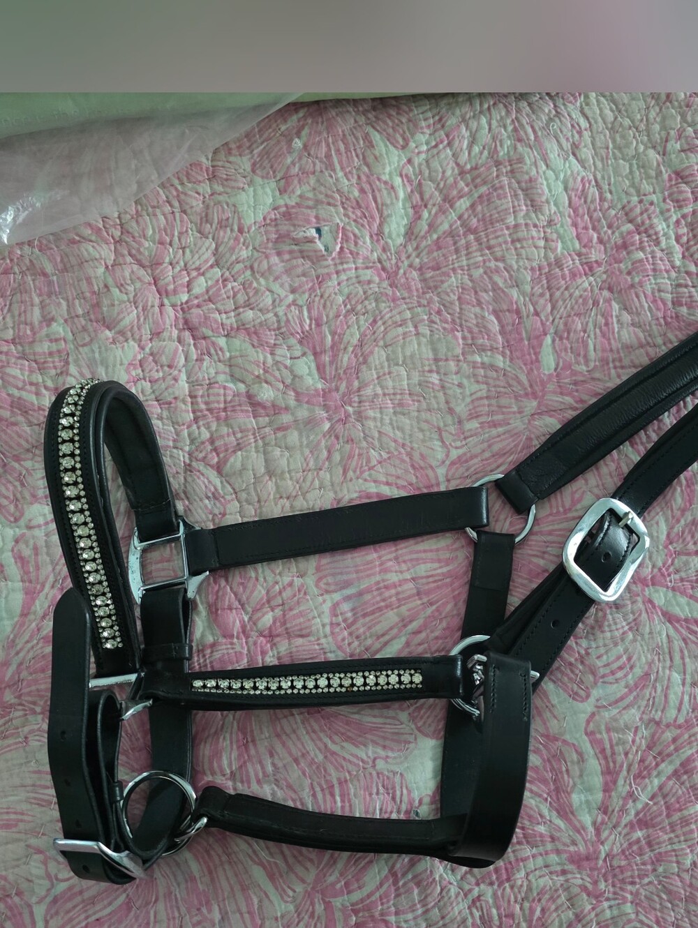 Black Crystal Bling- Leather Padded Horse Halter- Full